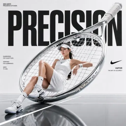 Avant-garde sports fashion advertisement, oversized tennis racket positioned lik...