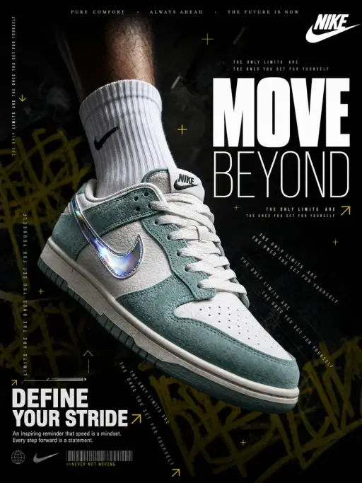 A hyperrealistic Nike sneaker advertisement shot in a dark, moody editorial styl...