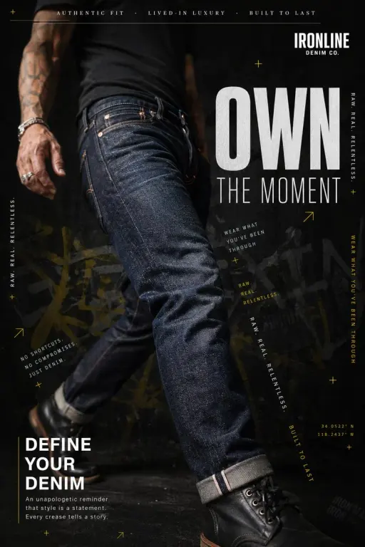 A hyperrealistic premium denim advertisement shot in a dark, moody editorial sty...