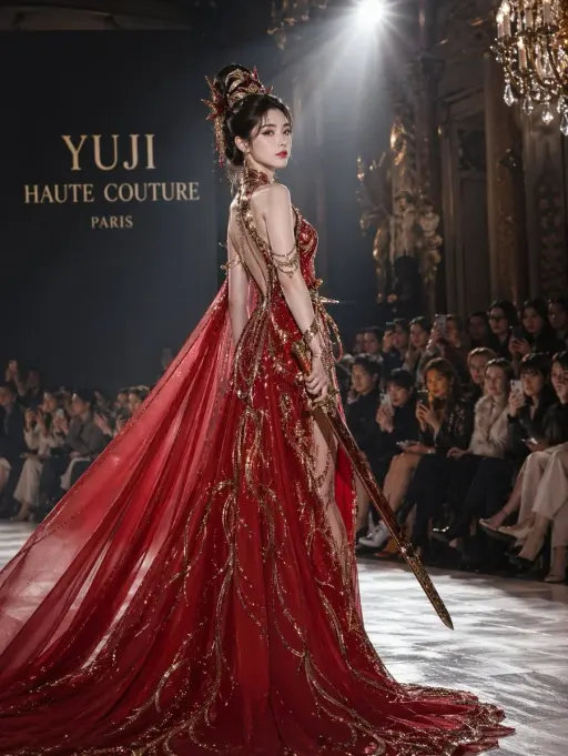 Yu Ji tries on a haute couture gown, a red trailing long dress with a sword, und...