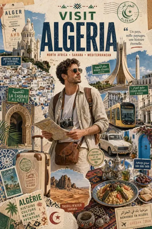 Create a stylized travel poster / graphic collage for [ALGERIA]. The main subjec...