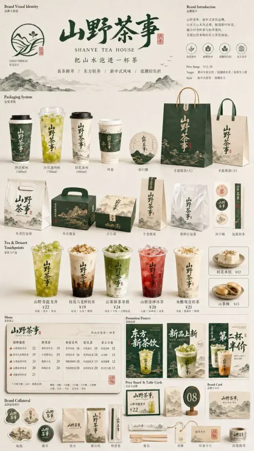 Generate a [餐饮品牌触点矩阵] series visual image to showcase a complete catering brand...