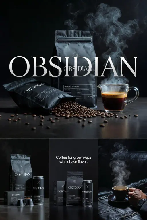 Create four connected premium realistic editorial images for OBSIDIAN coffee. Da...