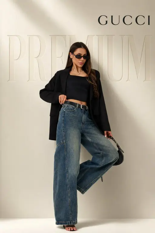 full body female model in confident fashion pose (one leg slightly raised, relax...