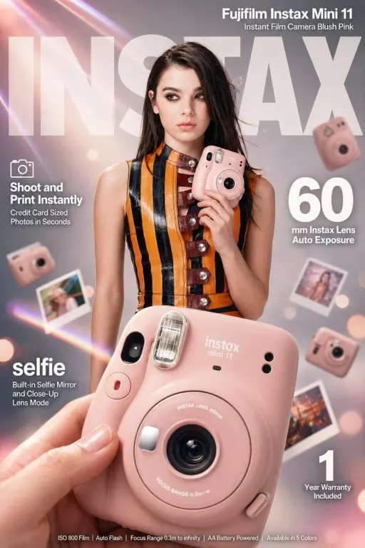 High-impact e-commerce infographic advertisement for "Fujifilm Instax Mini 11" b...