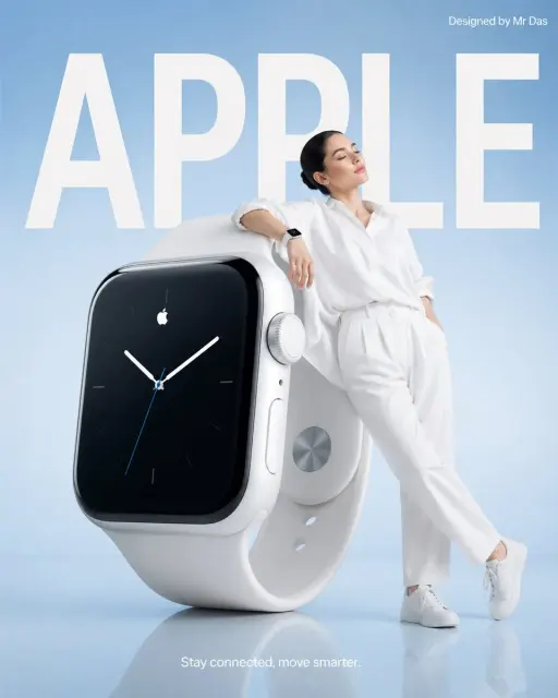 Minimalist commercial ad featuring oversized white smartwatch, ultra-clean desig...