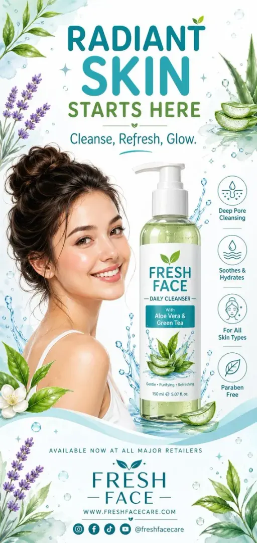 A clean, refreshing vertical advertising poster design for a face wash product,...