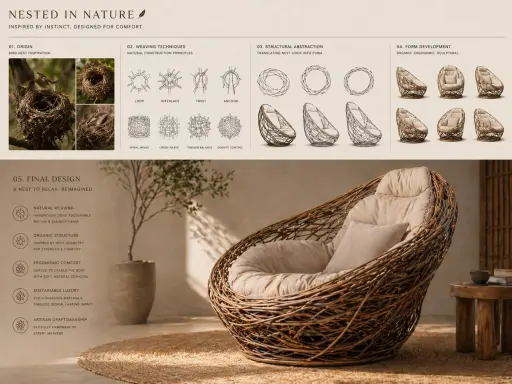 Conceptual transformation, bird nest construction techniques shaping a sculptura...