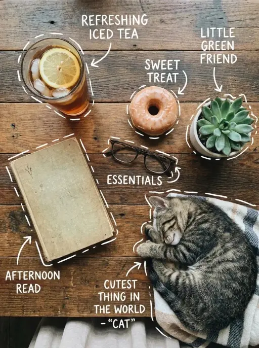 Top-down flat lay on a rustic wooden table, cozy aesthetic, soft natural light....