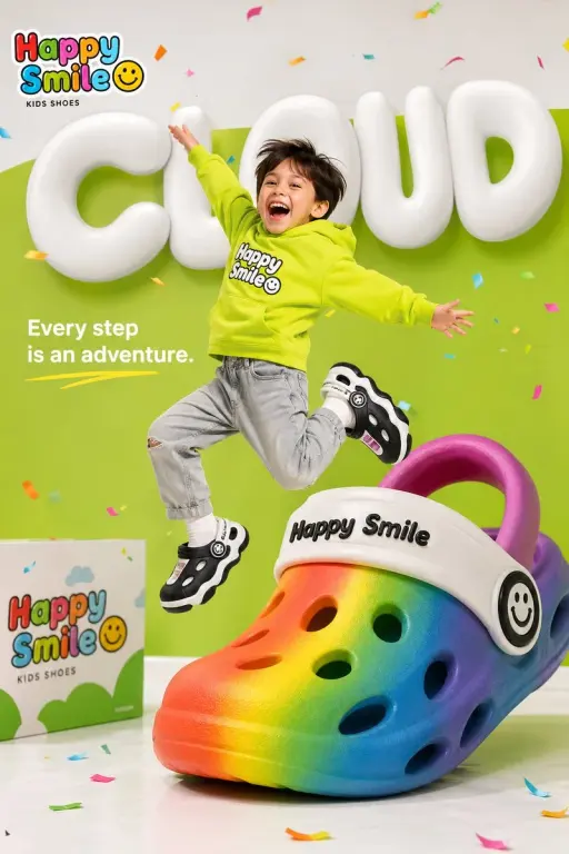 Bright colorful children's shoe brand advertisement for "Happy Smile☺️", happy y...