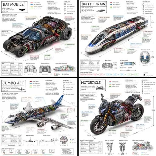 Create a technical infographic of [VEHICLE] with a 45-degree isometric 3D perspe...
