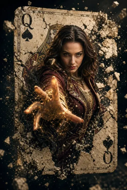 Un poster cinematografico iperrealistico di una potente maga con la stessa strut...