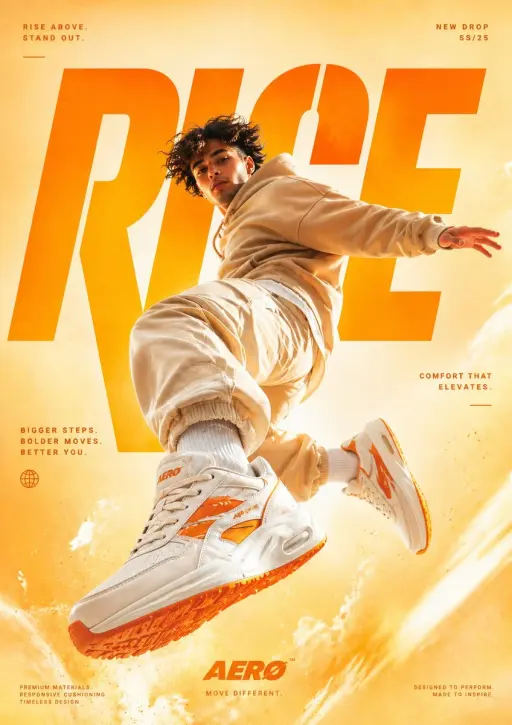 Un poster pubblicitario di sneaker cinematografico e di alta gamma, con un giova...