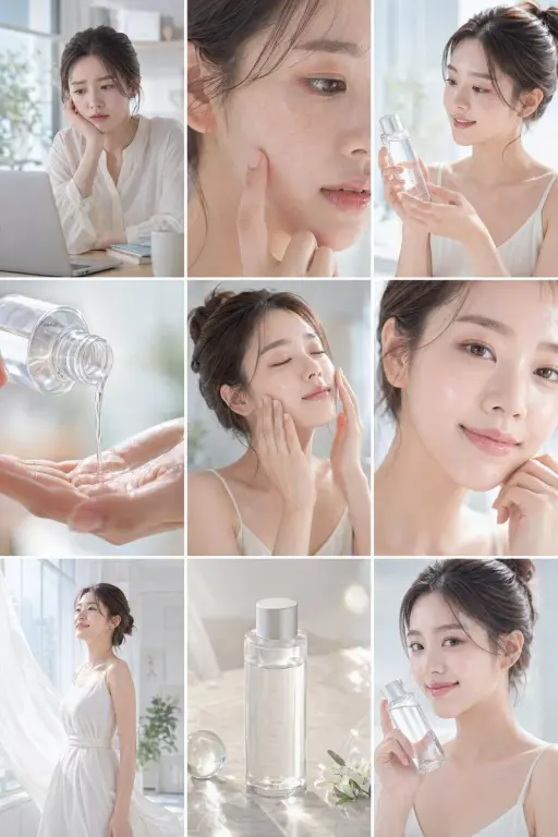 Crea uno storyboard per una pubblicità di skincare luminoso e pulito in un layou...