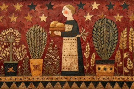 Un dipinto di arte popolare naïf di [subject], circondato da piante simboliche,...