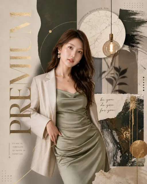 Luxury fashion editorial poster, premium magazine collage style, earthy neutral...