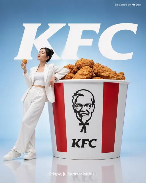 Annuncio pubblicitario minimalista con un secchio KFC gigante, design ultra-puli...