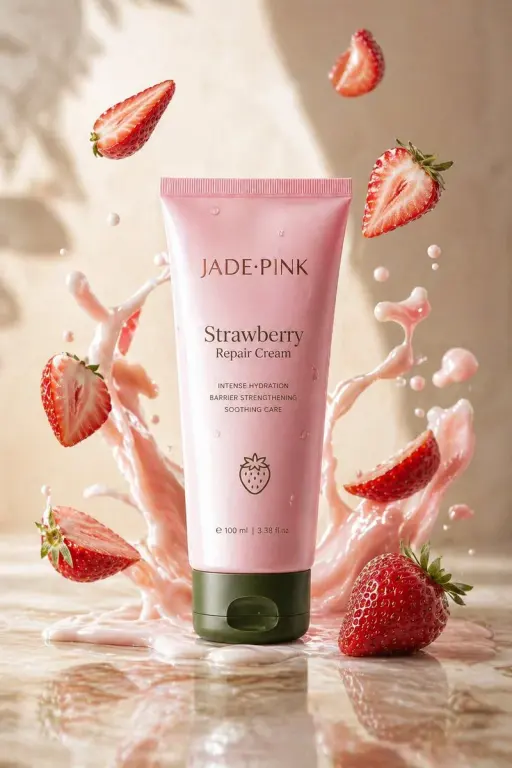 광택이 있는 대리석 위에 "Strawberry Repair Cream"이라고 적힌 세련된 제이드 핑크 튜브가 세워져 있고, 그 주변을 크리미한...