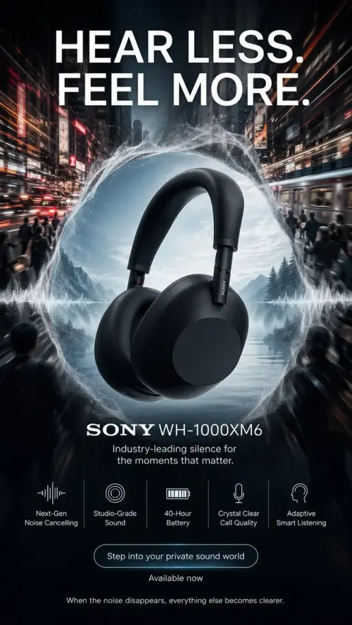{ "items": [ { "prompt": "고급스러운 9:16 세로형 광고 포스터를 \"SONY WH-1000XM6\"용으로 제작하세요. 창...