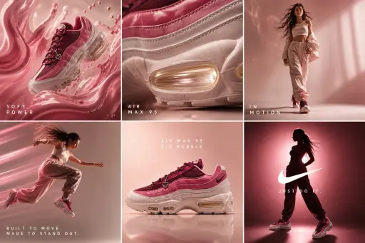 시네마틱 6프레임 그리드(3x2), Nike Air Max 95 "Big Bubble"의 울트라 프리미엄 캠페인, 딥 베리 핑크 + 광택 로즈...