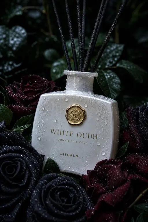 초현실적인 고급 제품 사진: 은은한 크림색 유리 리드 디퓨저 병, 라벨에는 "WHITE OUDH – Private Collection – RIT...