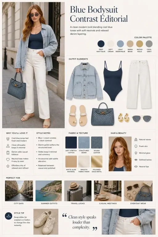 1. Denim Neutrals Editorial Prompt: 패션 에디토리얼 레이아웃, 왼쪽에 모델 사진, 오른쪽에 스타일링된 의상 보드가...