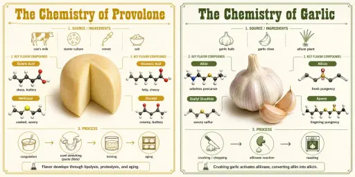 2x1 그리드, 다음을 수행하세요: Provolone & Garlic <instruction> 1. 의미 추론 엔진(화학적 분해): 입력 A는...