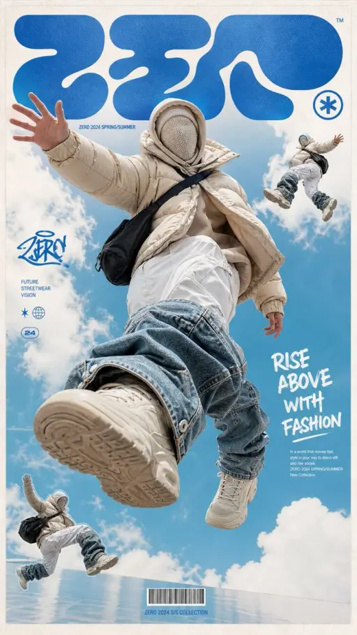 一张高端潮流街头服装海报，画面主体是一位无脸的未来感模特漂浮跳跃在天空中，穿着超大号米色羽绒服、层叠兜帽和针织面罩，面部被完全遮住；下身穿白色宽松工装裤，裤腿外...