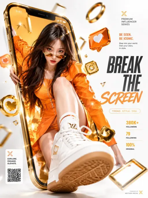 동적인 고급 상업 광고 포스터. 초현실적인 3D 렌더링의 활기찬 젊은 여성이 특징이며, 업로드된 여성 얼굴을 참고로 하여 고급스러운 밝은 오렌지...