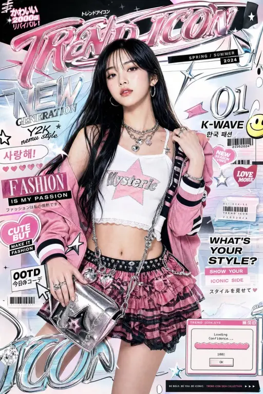 초고스타일리쉬한 럭셔리 패션 에디토리얼 포스터, 중앙에 자신감 넘치는 젊은 아시아 여성이 위치, 광택 나는 피부, 부드러운 데이 메이크업, 긴...